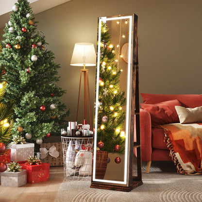360° Swivel Freestanding Jewelry Cabinet with Lighted Full Length Mirror-Rustic Brown