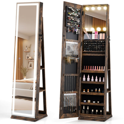360° Swivel Freestanding Jewelry Cabinet with Lighted Full Length Mirror-Rustic Brown
