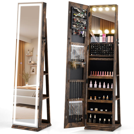360° Swivel Freestanding Jewelry Cabinet with Lighted Full Length Mirror-Rustic Brown