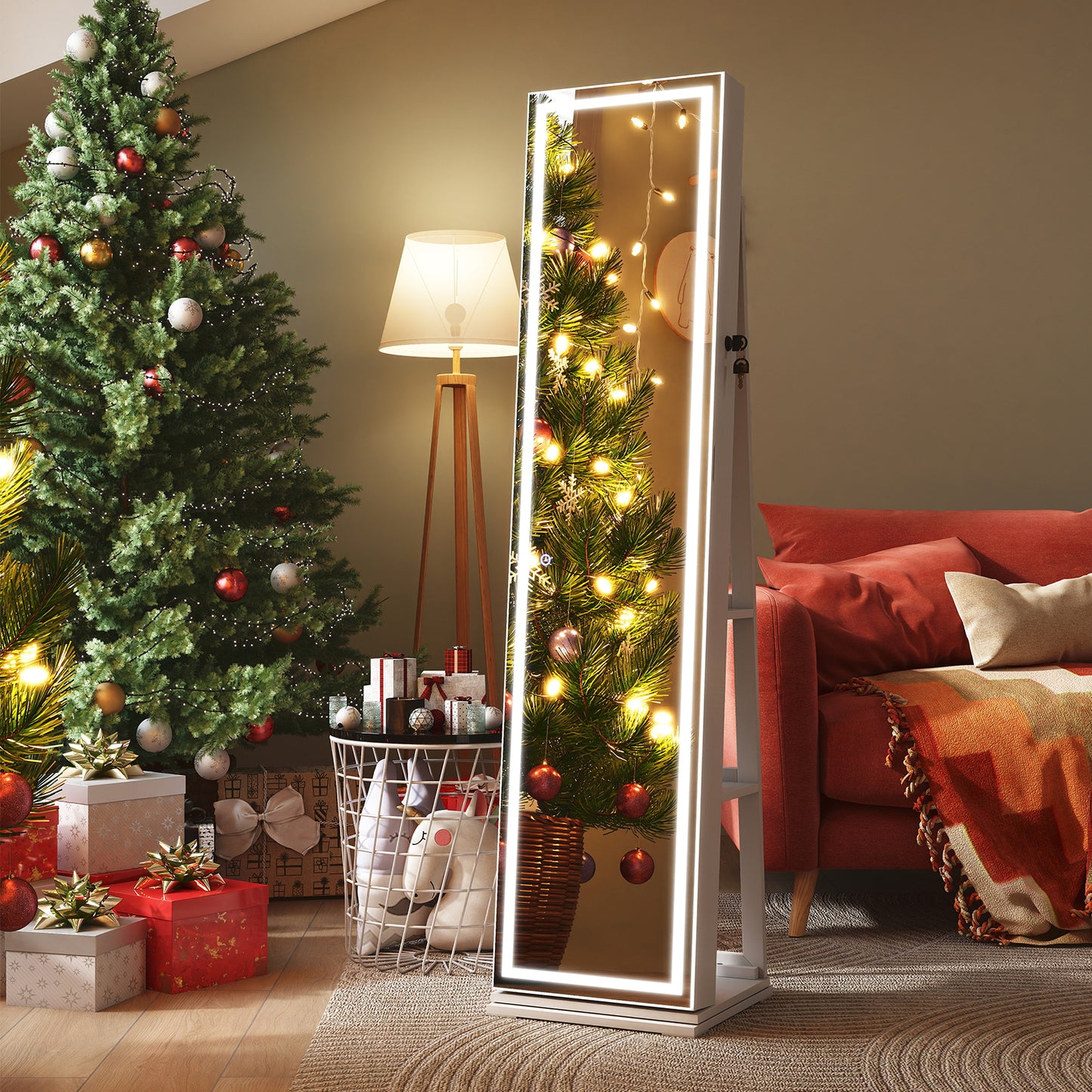 360° Swivel Freestanding Jewelry Cabinet with Lighted Full Length Mirror-Rustic Brown