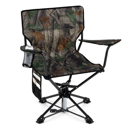 360° Swivel Hunting Chair Portable Foldable with Mesh Cup Holder and Storage Pockets-Green