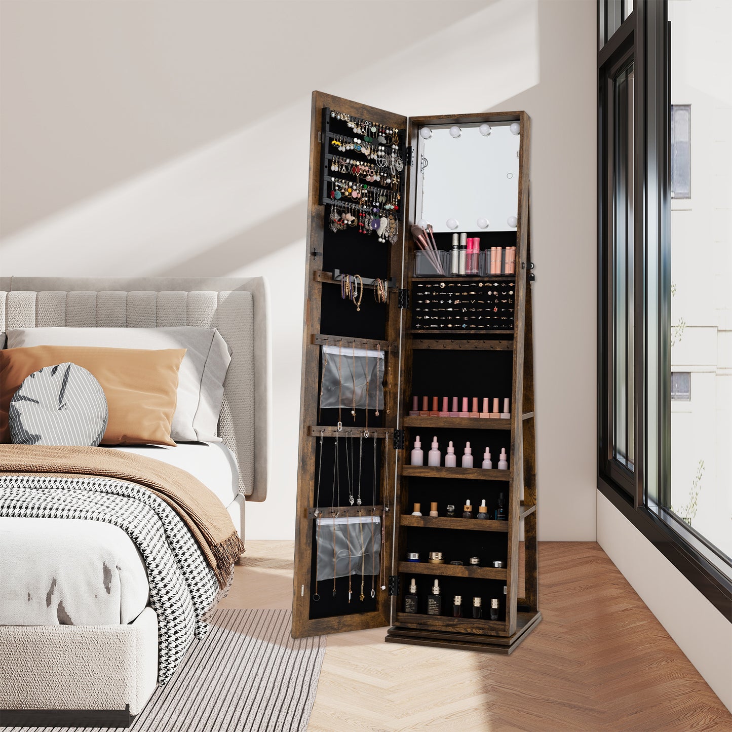 360° Swivel Jewelry Cabinet with Full Length Mirror-Rustic Brown