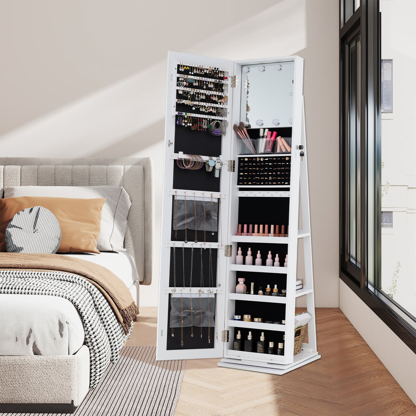 360° Swivel Jewelry Cabinet with Full Length Mirror-Rustic Brown