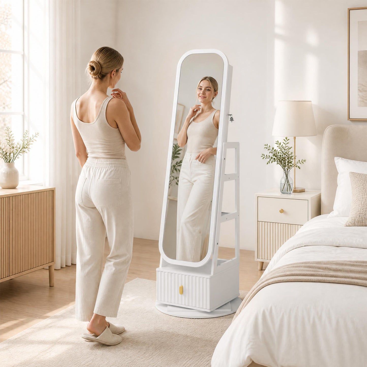 360° Swivel Jewelry Cabinet with Full-Length Mirror and Dual Hooks-White