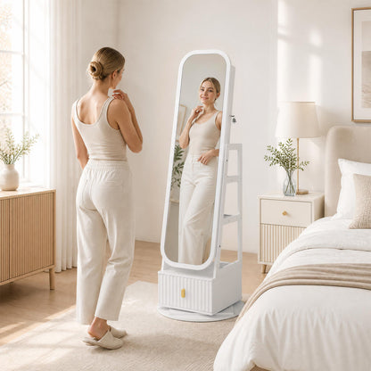 360° Swivel Jewelry Cabinet with Full-Length Mirror and Dual Hooks-White