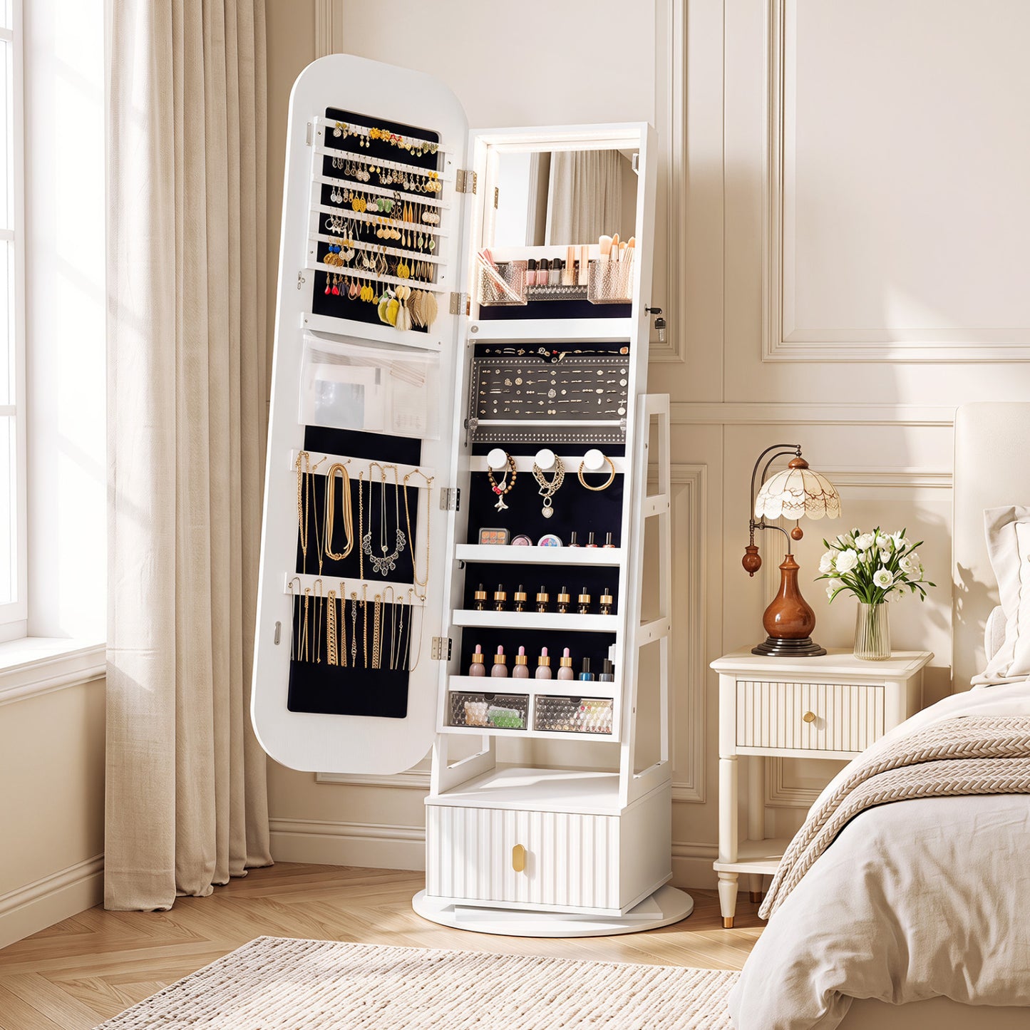 360° Swivel Jewelry Cabinet with Full-Length Mirror and Dual Hooks-White