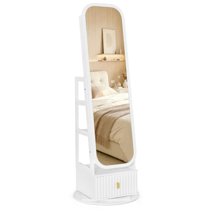 360° Swivel Jewelry Cabinet with Full-Length Mirror and Dual Hooks-White