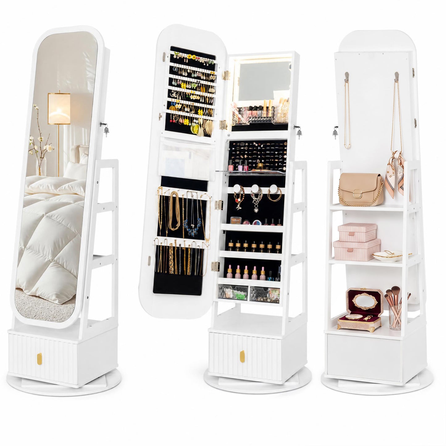 360° Swivel Jewelry Cabinet with Full-Length Mirror and Dual Hooks-White