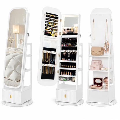 360° Swivel Jewelry Cabinet with Full-Length Mirror and Dual Hooks-White