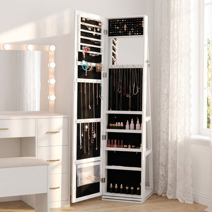 White 360° swivel jewelry cabinet with full-length mirror, bedroom furniture from Wilsons Home Store, jewelry armoire with adjustable storage