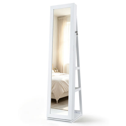 White 360° swivel jewelry cabinet with full-length mirror, bedroom jewelry armoire by Wilsons Home Store, featuring organized storage.
