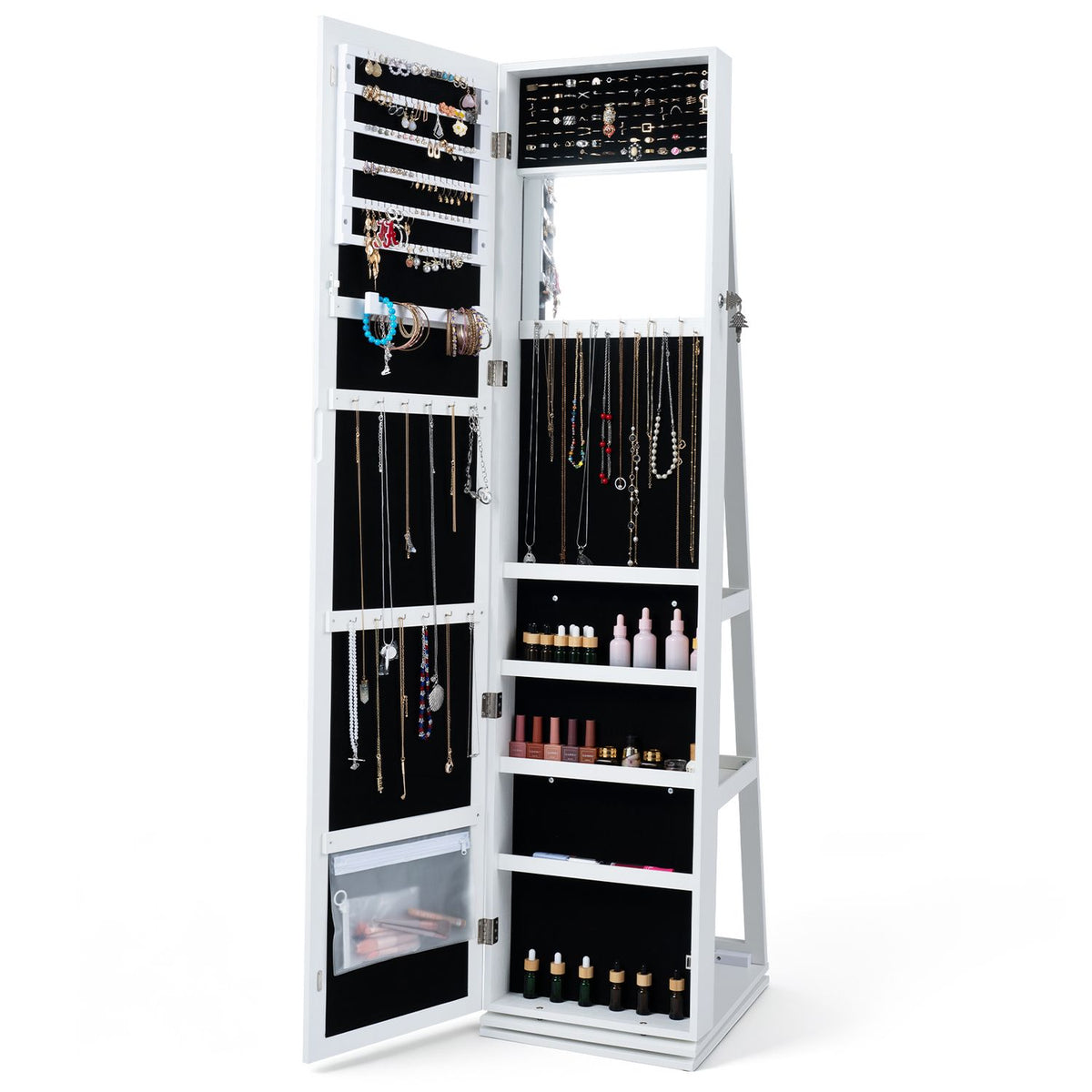 White 360° swivel jewelry cabinet with full-length mirror, bedroom furniture piece with multiple compartments for jewelry storage.