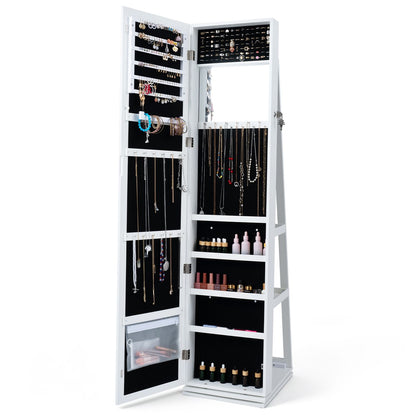 White 360° swivel jewelry cabinet with full-length mirror, bedroom furniture piece with multiple compartments for jewelry storage.
