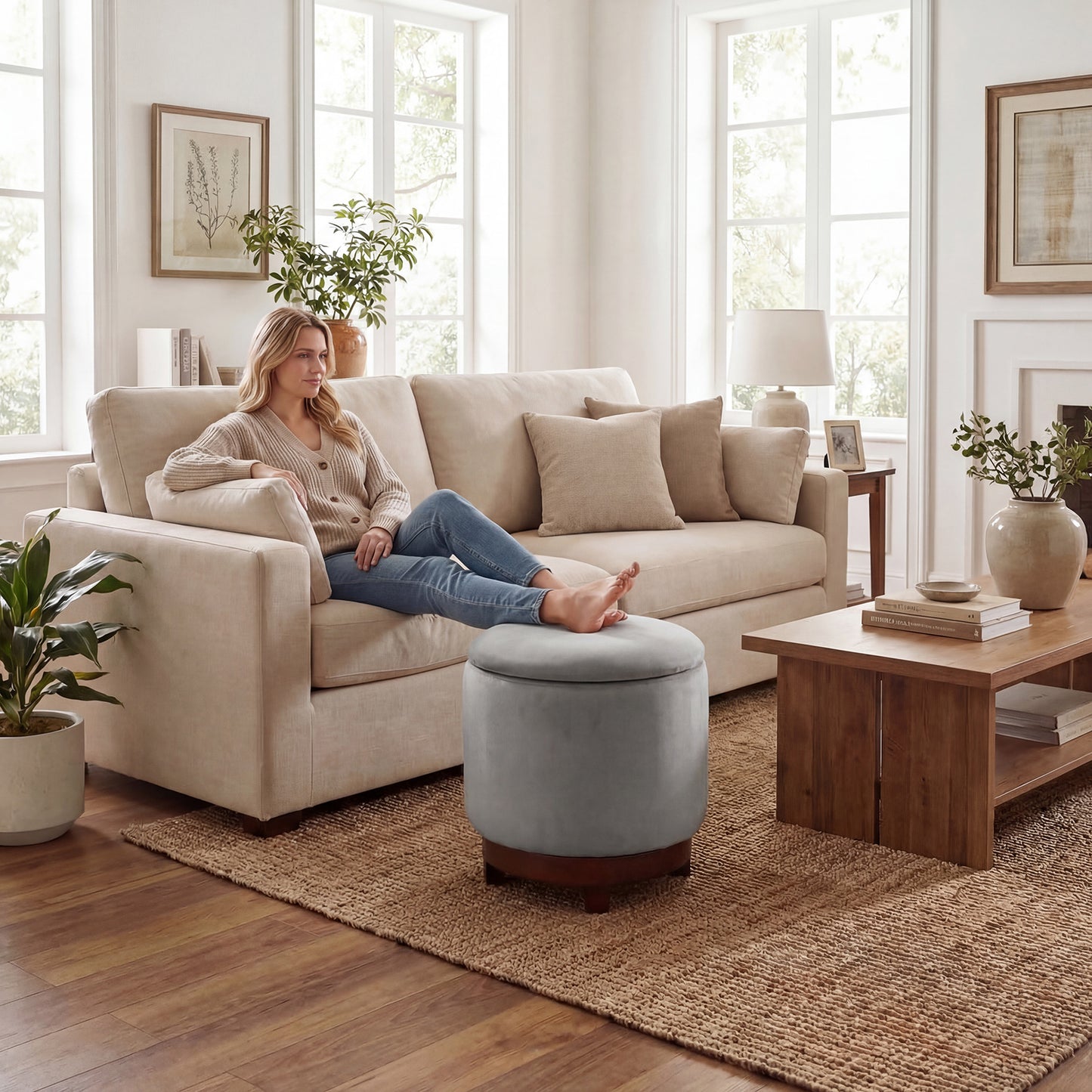 360° Swivel Velvet Foot Rest with Hidden Storage for Living Room-Gray