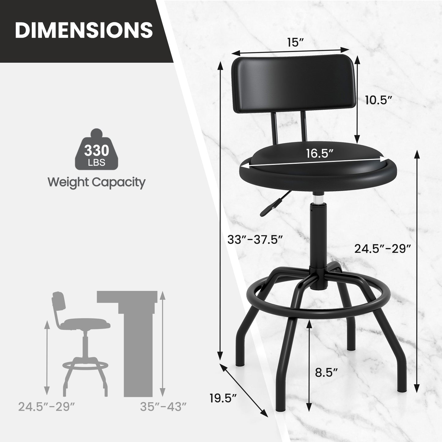 Set of 1/2 360° Swivel Counter Height Barstool with Padded Seat and Back-2 Pieces