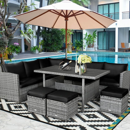 7 Pcs All-Weather Patio Rattan Dining Furniture Sectional Sofa Set with Wicker Ottoman and Cushed Couch-Off White