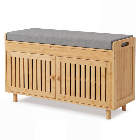 Natural bamboo shoe storage bench with lift top and cushioned seat, ideal for hallways and entryways.