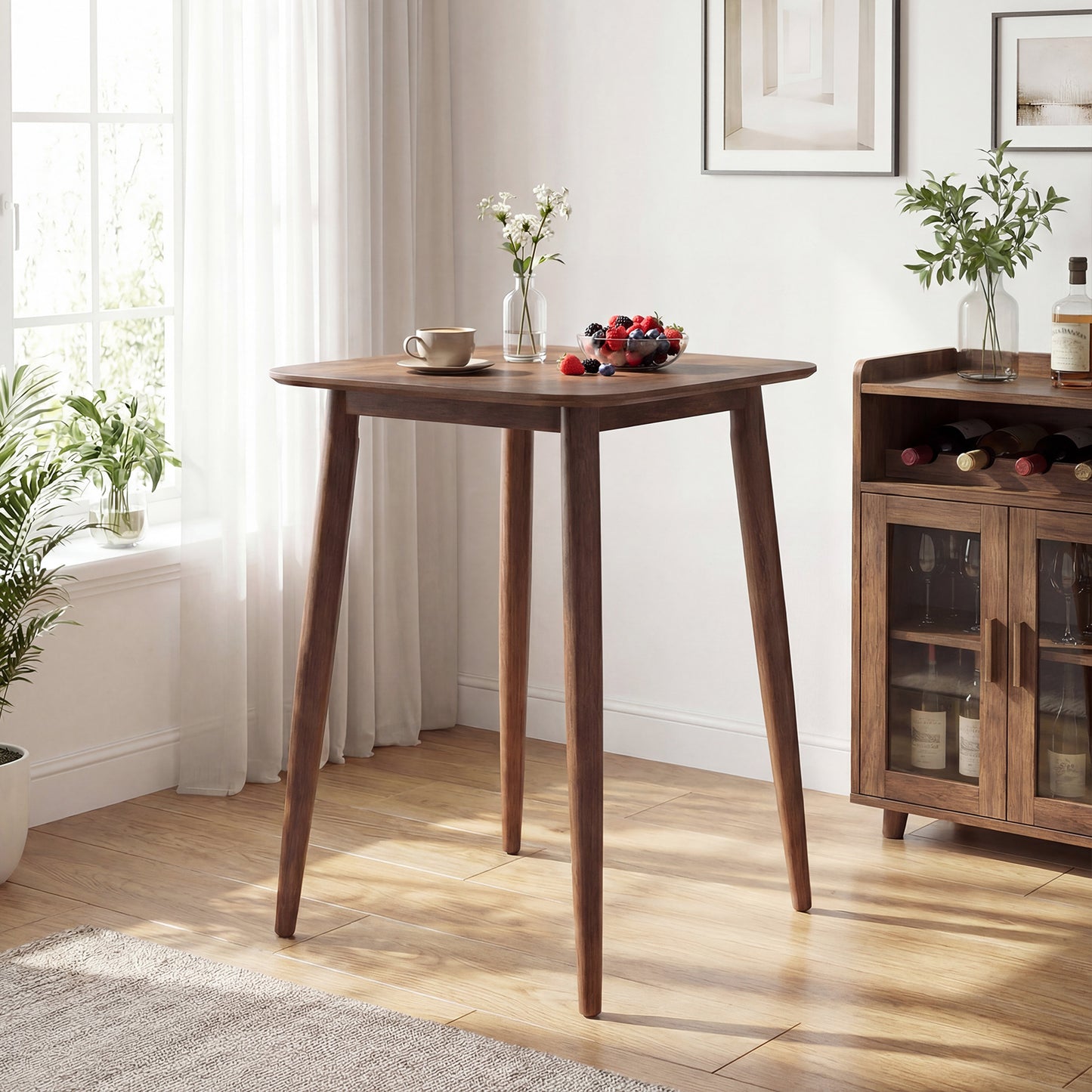 36 Inch Counter Height Bar Table Wooden High Top Pub Table with Solid Rubber Wood Legs-Walnut