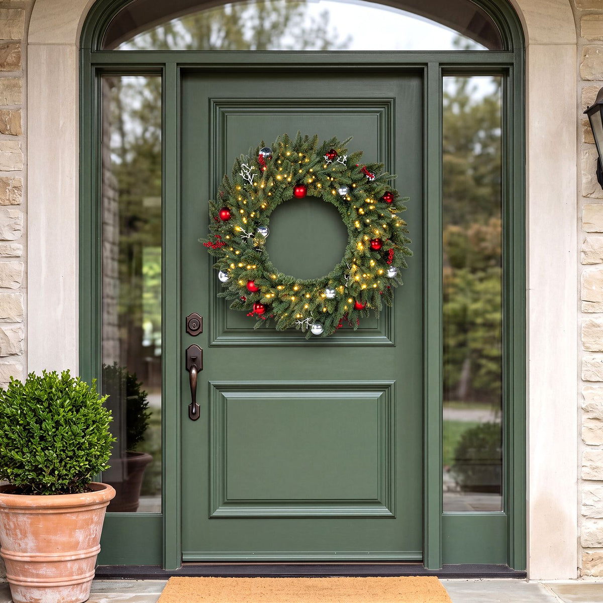 36 Inch Pre-Lit Christmas Wreath for Front Door with 100 Warm White LED Lights Set of 1