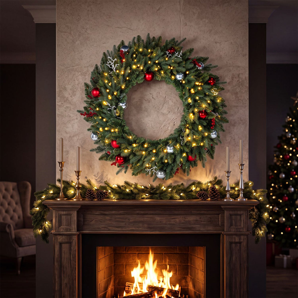 36 Inch Pre-Lit Christmas Wreath for Front Door with 100 Warm White LED Lights Set of 1
