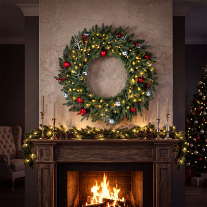36 Inch Pre-Lit Christmas Wreath for Front Door with 100 Warm White LED Lights Set of 1