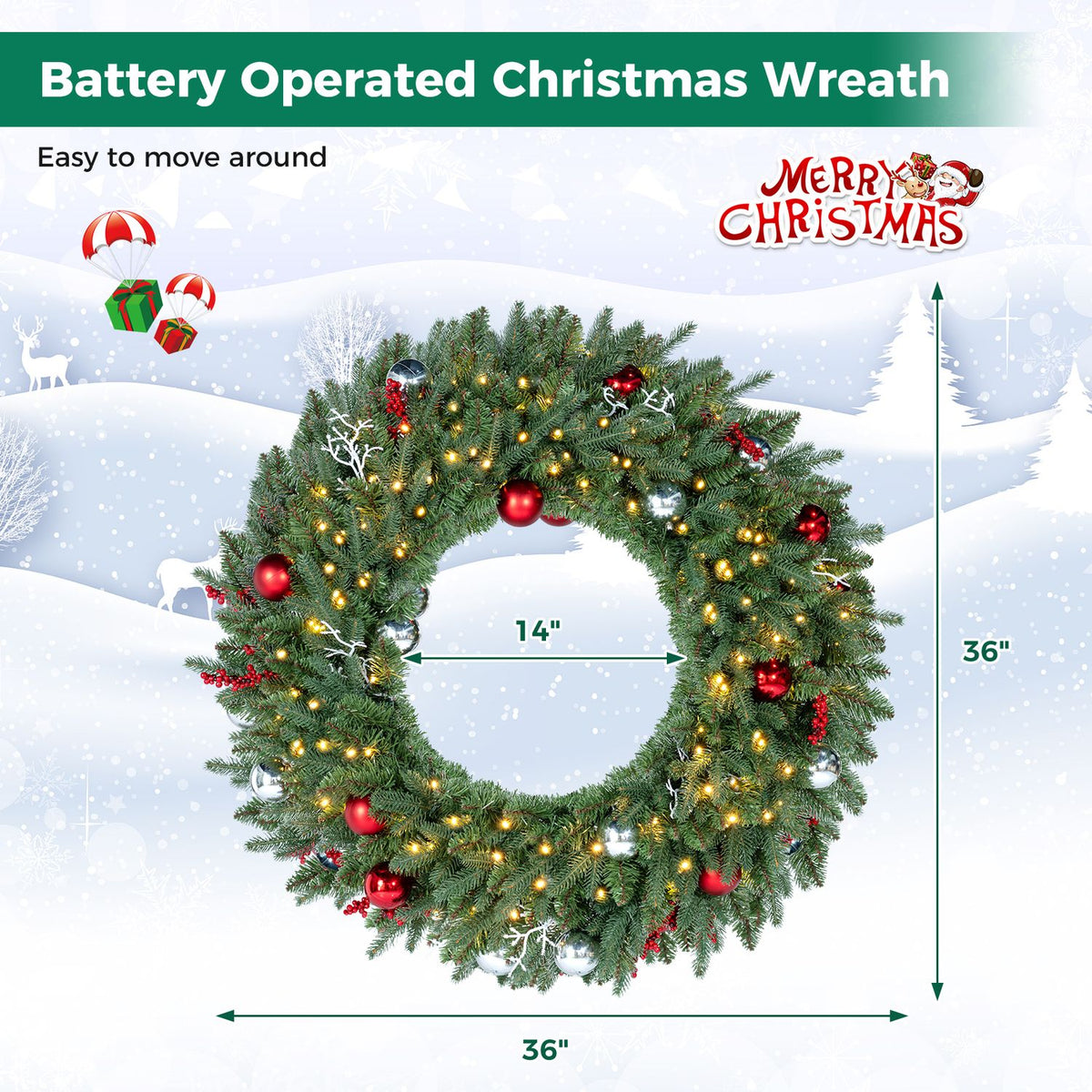 36 Inch Pre-Lit Christmas Wreath for Front Door with 100 Warm White LED Lights Set of 1