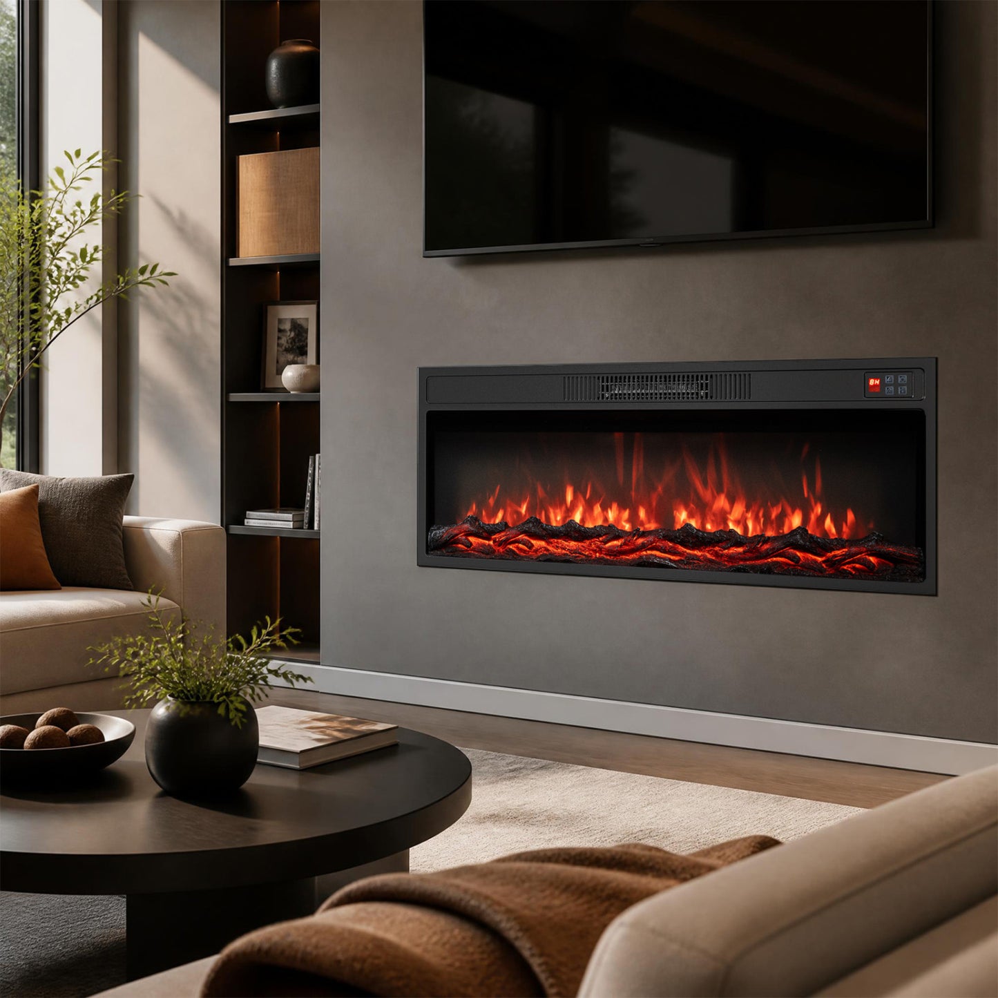 36 Inch Recessed Electric Fireplace Heater with Adjustable Flame Colors & Brightness