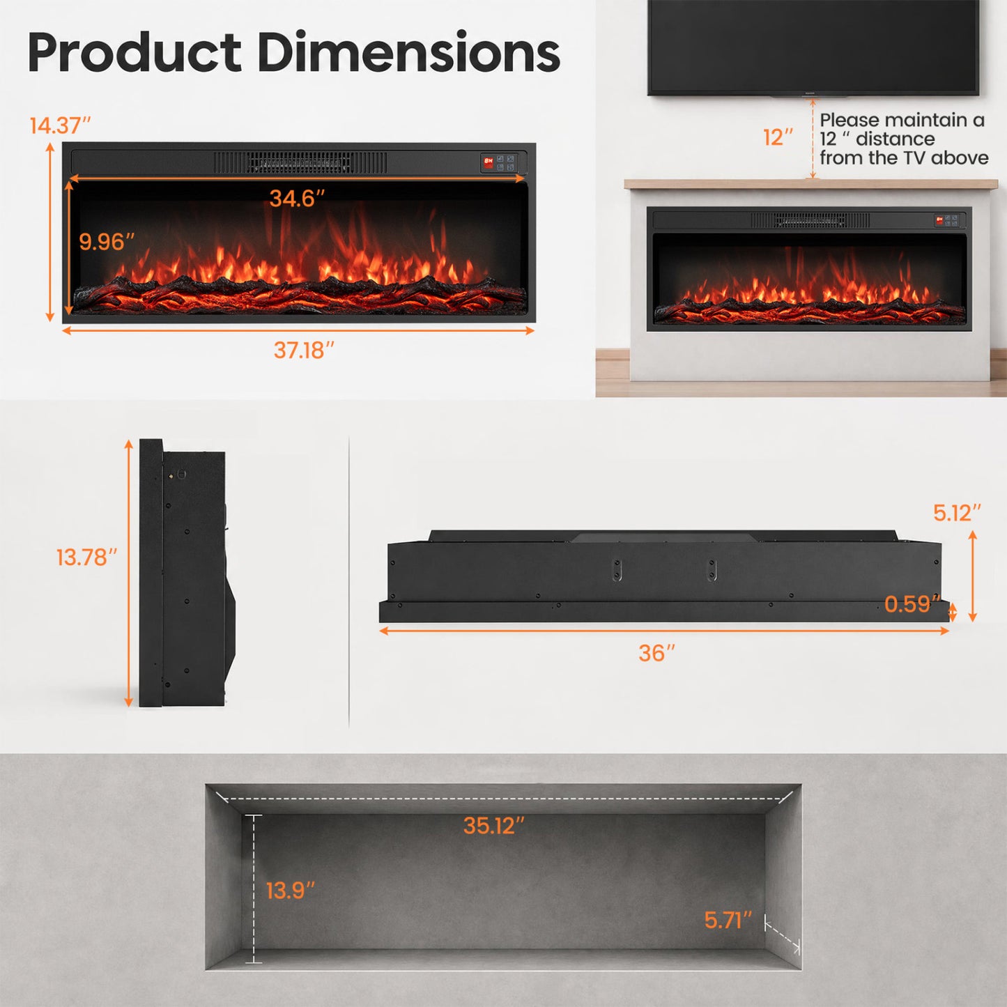 36 Inch Recessed Electric Fireplace Heater with Adjustable Flame Colors & Brightness