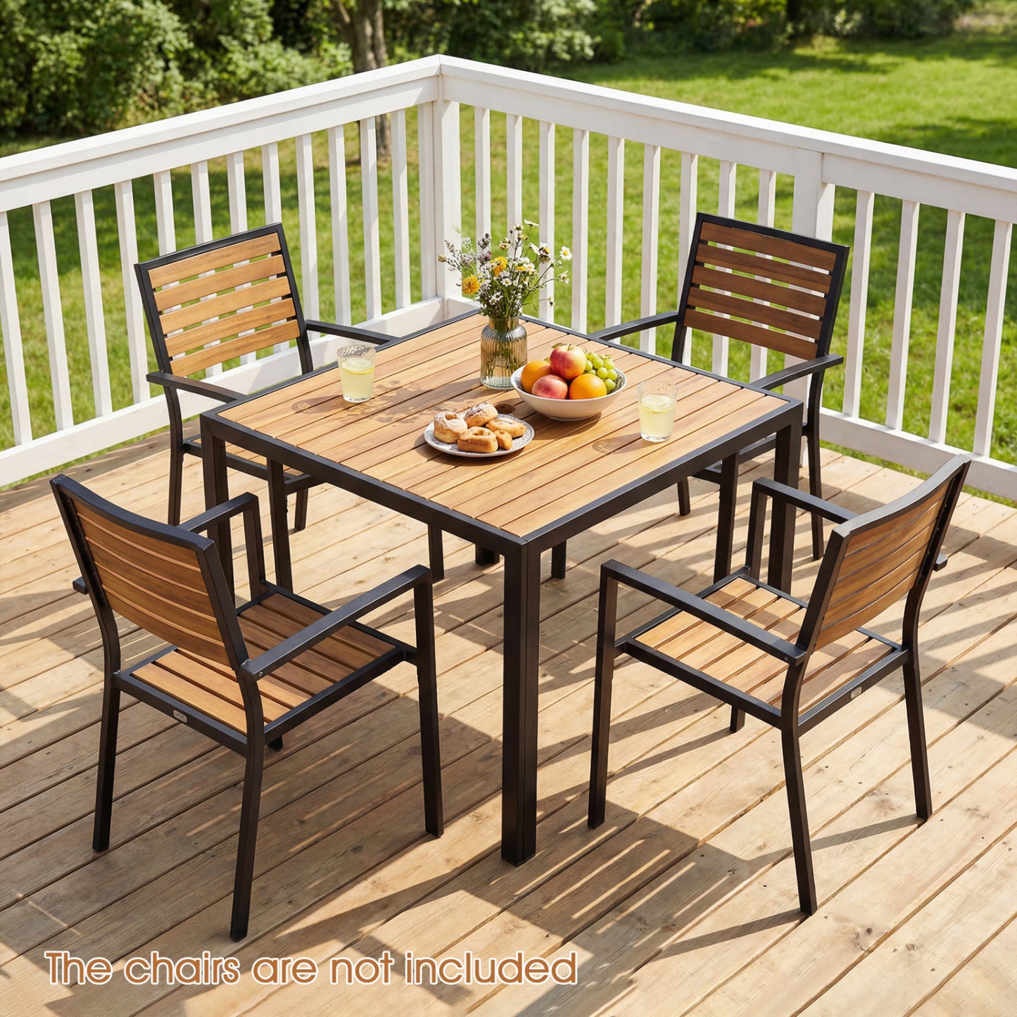 36-inch square outdoor dining table by Wilsons Home Store with slatted top, perfect for porch patio dining for four.