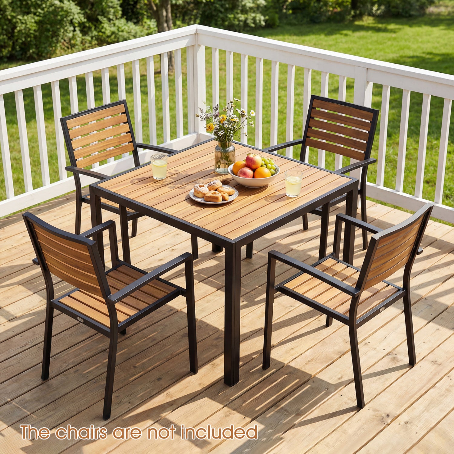 36-inch square outdoor dining table by Wilsons Home Store with slatted top, perfect for porch patio dining for four.