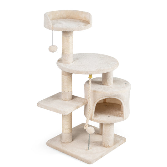 Beige 36-inch tall kitten tower with condo and plush perch, perfect for cats to climb, scratch, and rest.