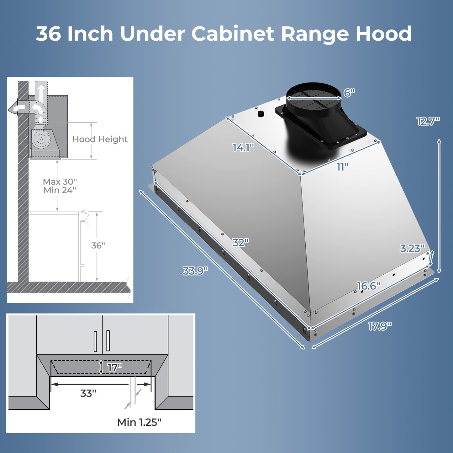 36 Inch Under Cabinet Range Hood with 4 Fan Speeds and Baffles Filters-Silver