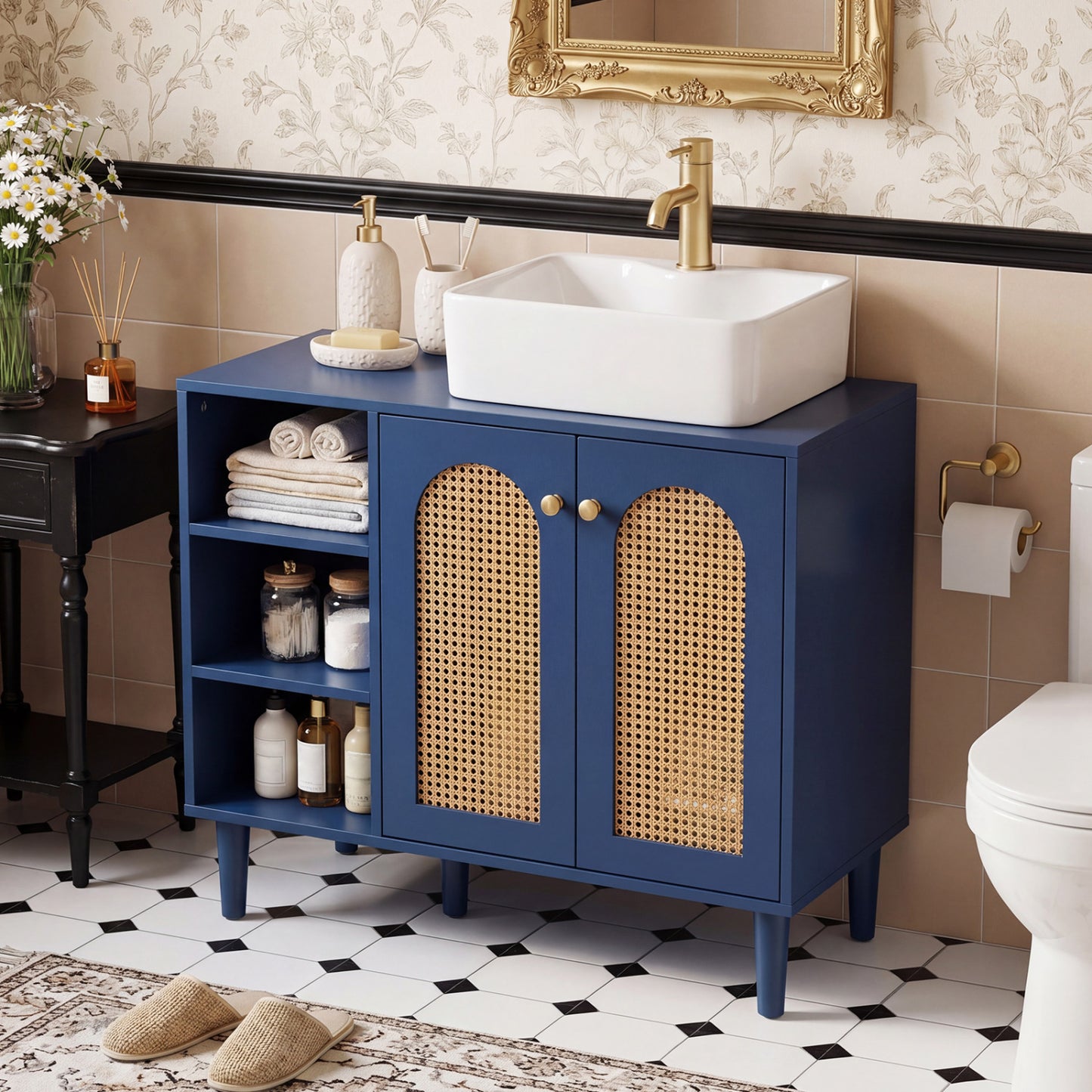 36 Inch Under Sink Cabinet Boho Sink Base Cabinet for Vessel Sinks and Single-Handle Faucets-Navy