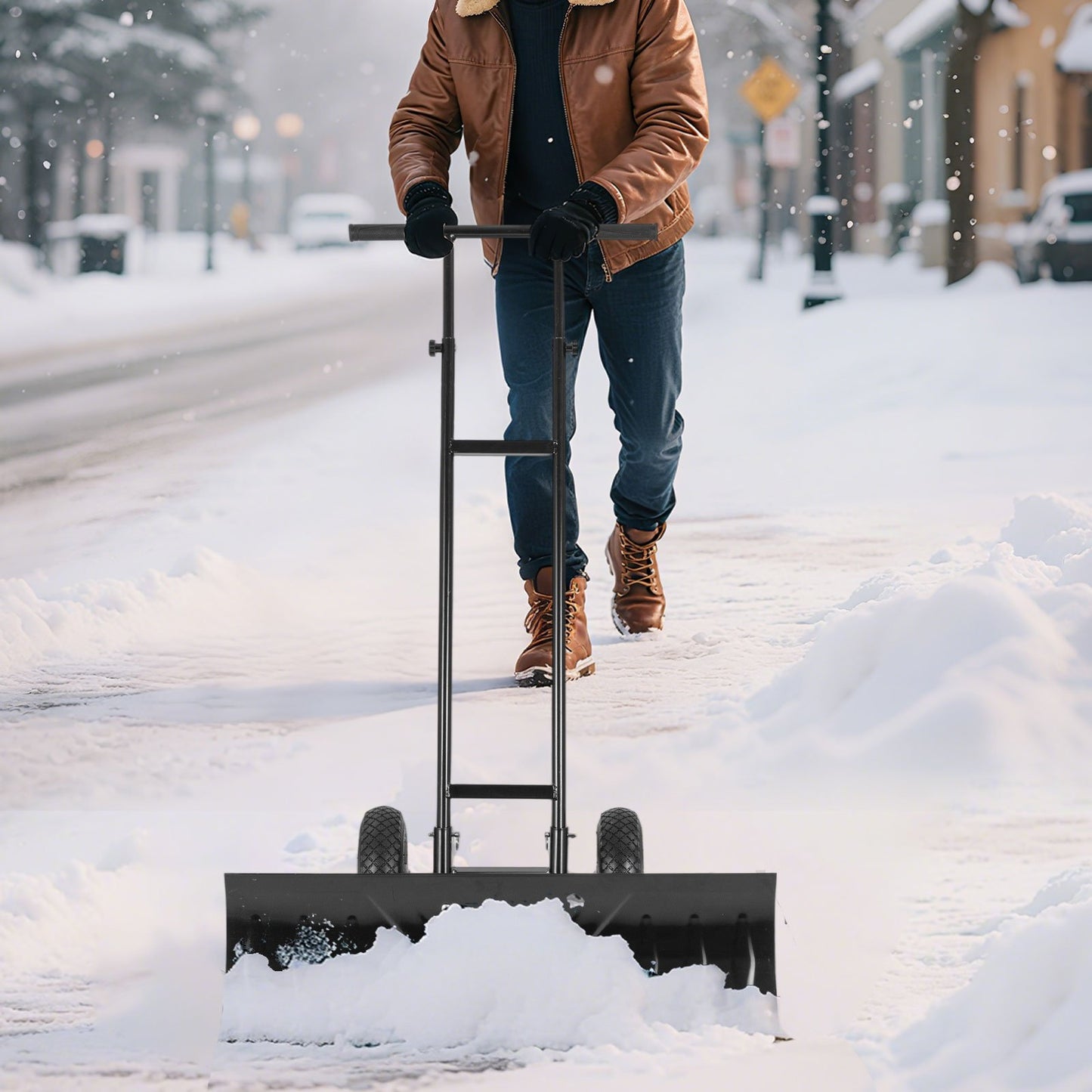 36 Inches Snow Shovel with Wheels and Adjustable Angle-Black