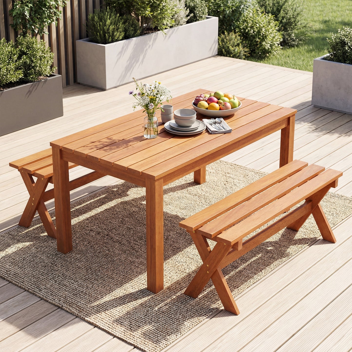36" Outdoor Solid Wood Bench Set of 2 Backless Patio Dining Bench with Teak Oil Finish