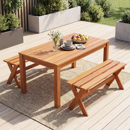 36" Outdoor Solid Wood Bench Set of 2 Backless Patio Dining Bench with Teak Oil Finish