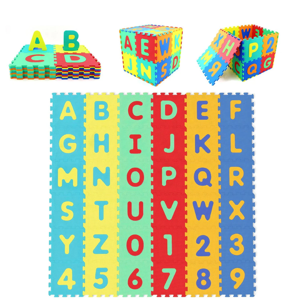 Interlocking 36-piece baby puzzle floor tiles with educational alphabet design, ideal for kids' play area and activity mats.