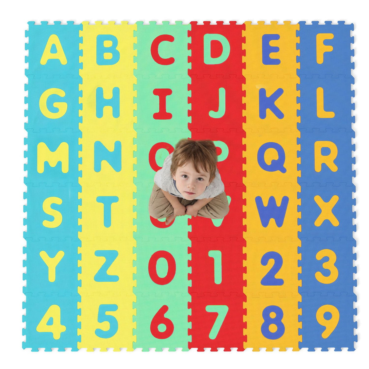 Interlocking baby puzzle floor tiles with educational alphabet design, 36-piece set for play and learning.