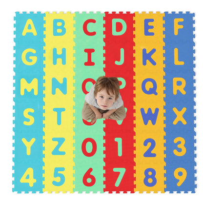 Interlocking baby puzzle floor tiles with educational alphabet design, 36-piece set for play and learning.