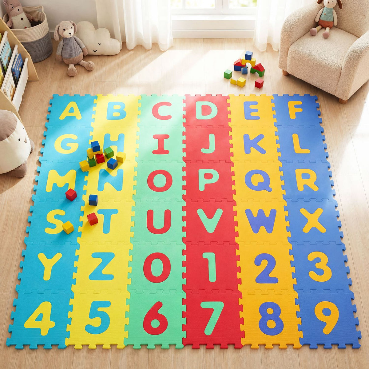 Colorful 36-piece interlocking baby puzzle floor tiles with educational alphabet design for kids' play area.