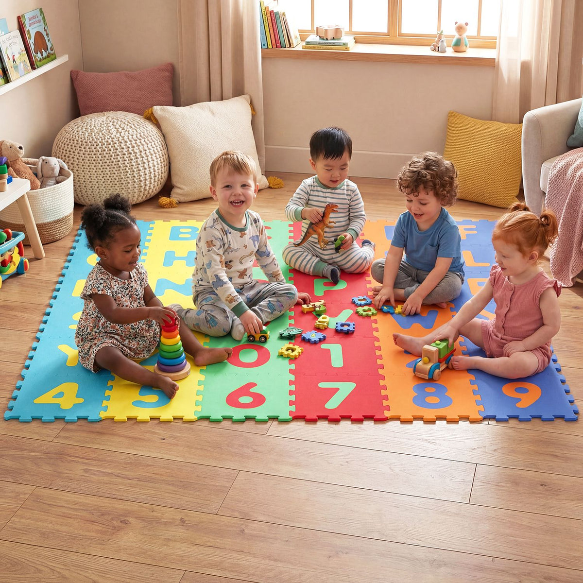 Colorful 36-piece interlocking baby puzzle floor tiles with educational alphabet design, ideal for baby activity and play areas.
