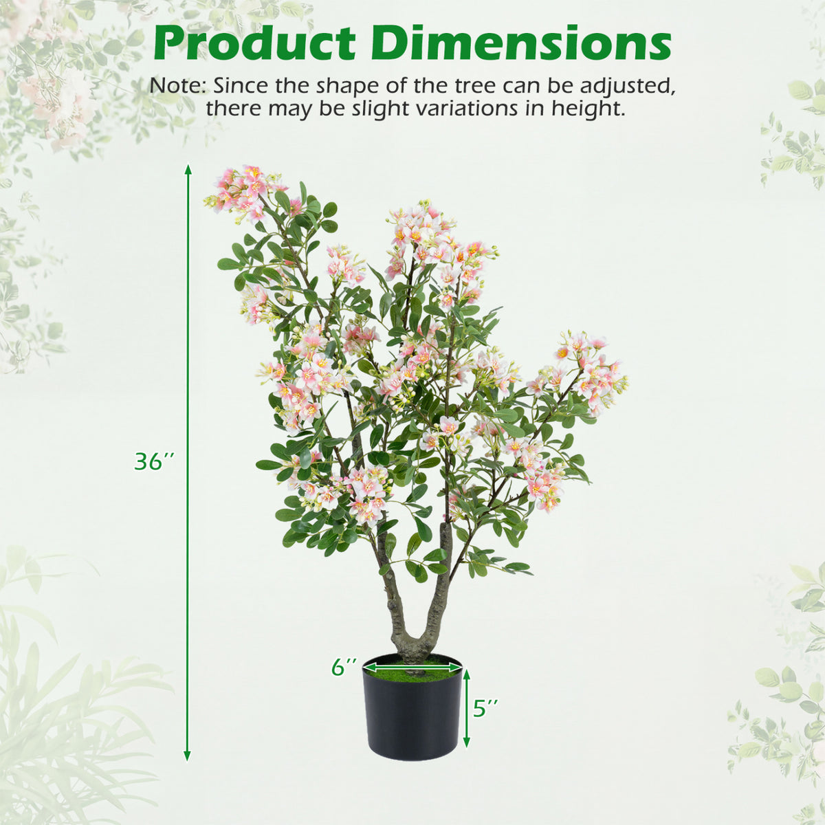 Pink artificial Impatiens tree with mini fruits and silk flowers, 36-inch faux plant for home decor.