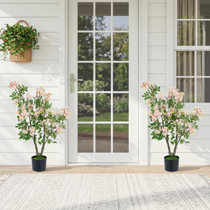 Set of 2 36-inch artificial pink impatiens trees with mini fruits and silk flowers for home decor.