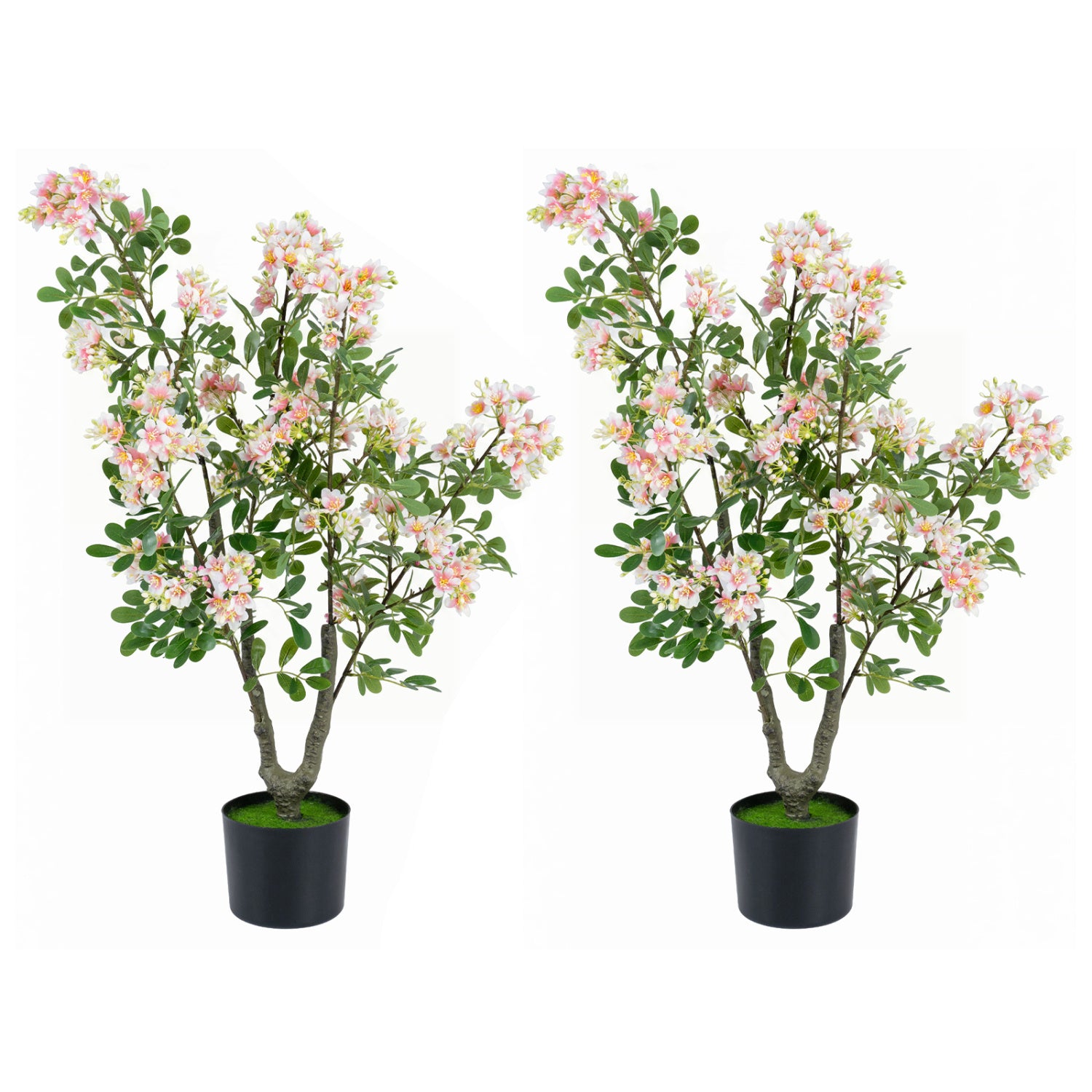 Set of 2 pink artificial Impatiens trees with mini fruits and silk flowers for home decor, 36-inch faux plants.