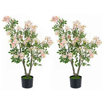 Set of 2 pink artificial Impatiens trees with mini fruits and silk flowers for home decor, 36-inch faux plants.