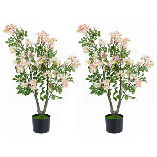 Set of 2 pink artificial Impatiens trees with mini fruits and silk flowers for home decor, 36-inch faux plants.