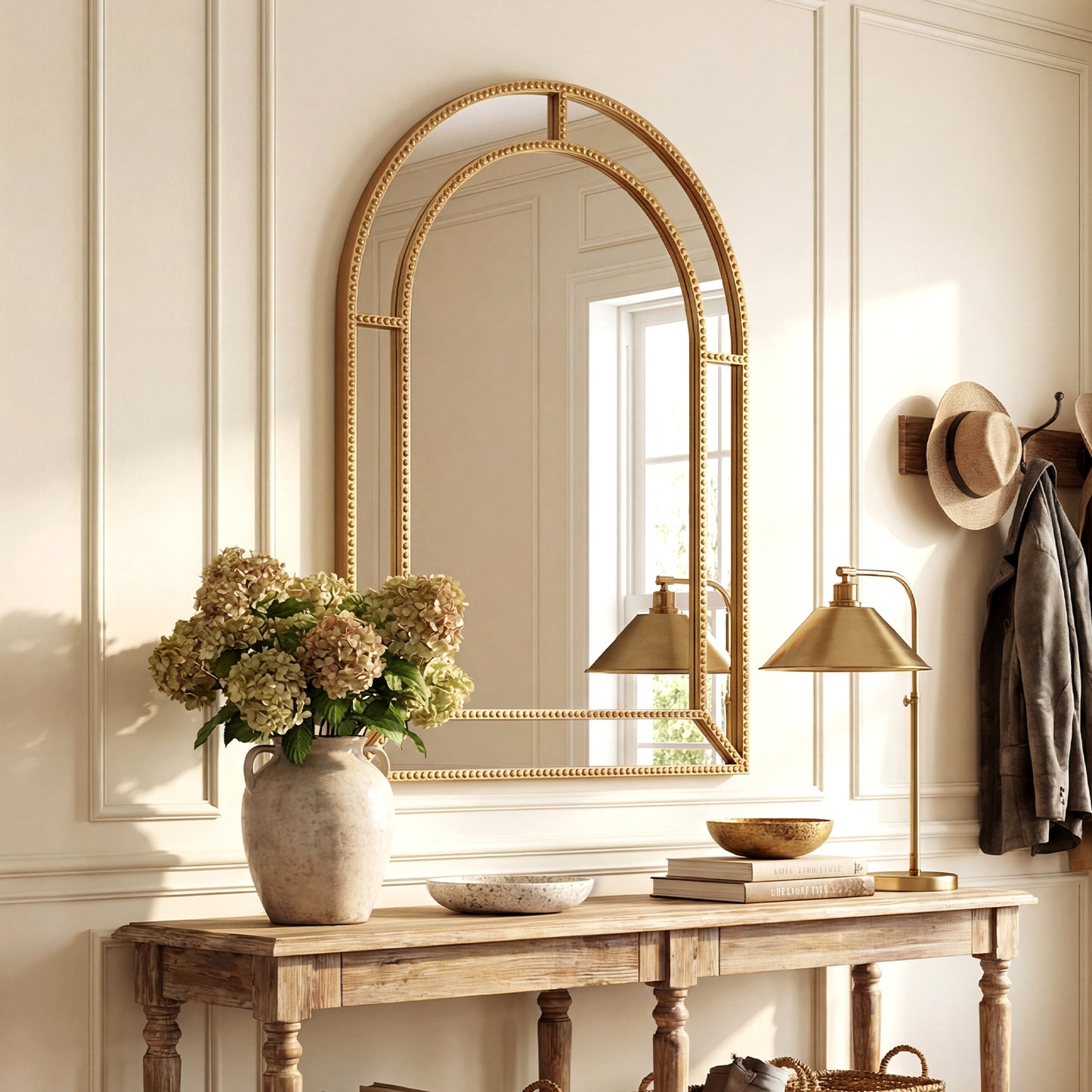 36 x 24 Inch Decorative Mirror with Beaded Frame for Living Room-Gold