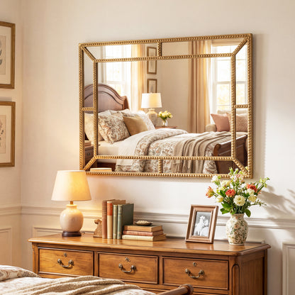 36 x 24 Inch Gold Wall Mirror with Beaded Frame for Living Room-Gold