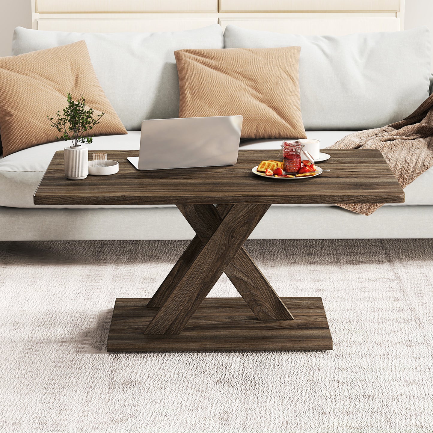 37.5 Inch Rectangular Coffee Table with Stable Base and Rubber Wood Connection for Living Room-Brown