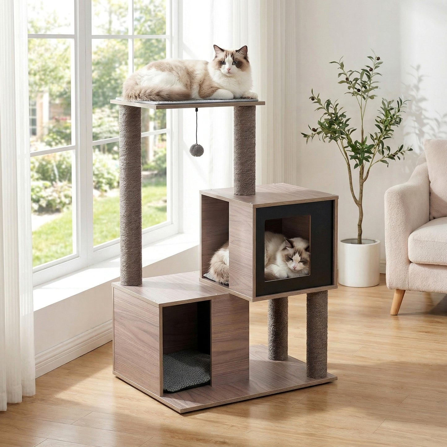 37 Inch Multi-Level Wooden Cat Tower with Condos and Perch-Gray